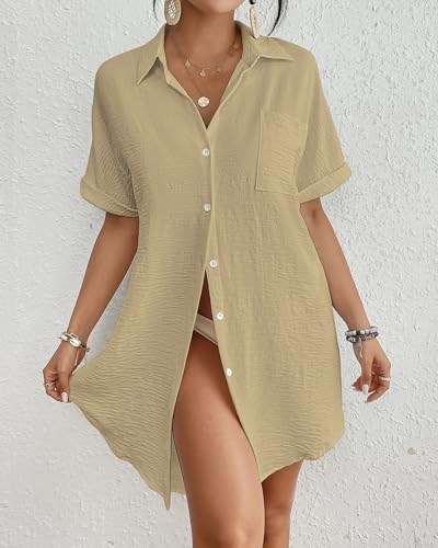 Image of Bsubseach Women Swimsuit Coverup Shirt Dress Button Down Bathing Suit Cover Up Beach Vacation Outfits