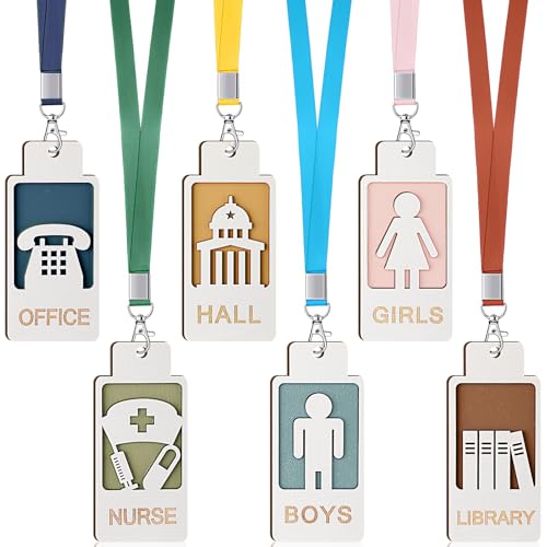 Sabary 6 Sets Hall Pass Lanyards and School Passes Wooden Bathroom Passes for Classrooms Back to School Gift Hall Nurse Library Office Teacher Supplies(Dark Color)