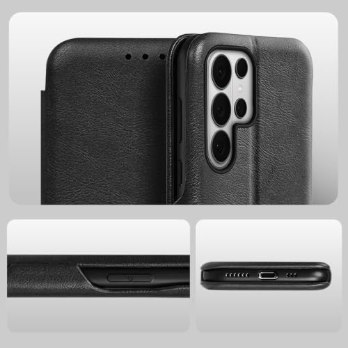 Image of PULOKA Premium Vegan Leather Phone Cover with Card Slot - Compatible with Samsung Galaxy S25 Ultra - Sleek Flip Case, Slim, Durable, Privacy Protection, Kickstand Function (Black)