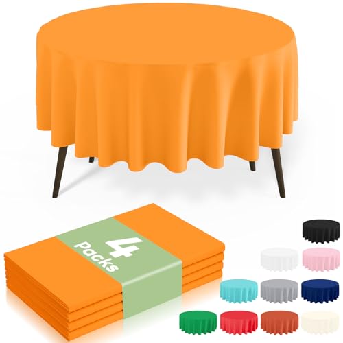 Image of misaya 4 Packs Disposable Plastic Table Cloth, 84 inch Round Waterproof Tablecloth, Leakproof & Sturdy Decorative Table Covers for Picnic, Party, Outdoor and Back to School, Orange