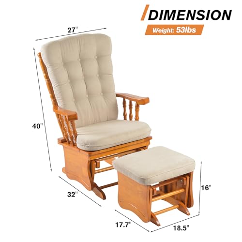 Image of Rubber Wood Nursery Glider and Ottoman Set, Quiet Smooth Gliding Rocking Chair for Breastfeeding, Comfy Upholstered Glider for Living Room Bedroom