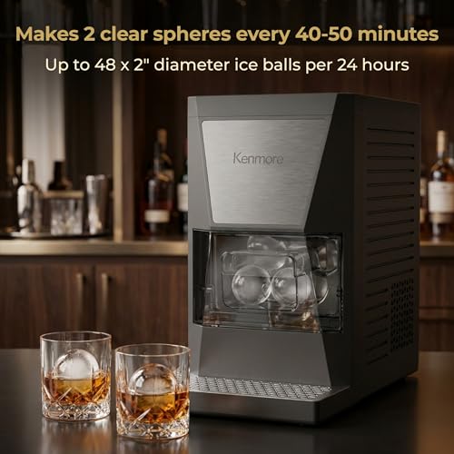 Image of Kenmore Clear Sphere Ice Ball Maker Countertop, 2-Inch Slow-Melting Ice Spheres for Whisky Cocktails, Maquina de Hielo Black