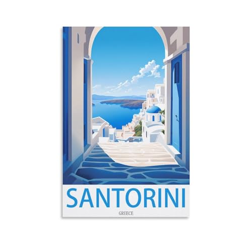 UnNiQ Poster de voyage vintage Santorin Grèce - Impression sur toile pour salon, chambre à coucher - 30 x 45 cm