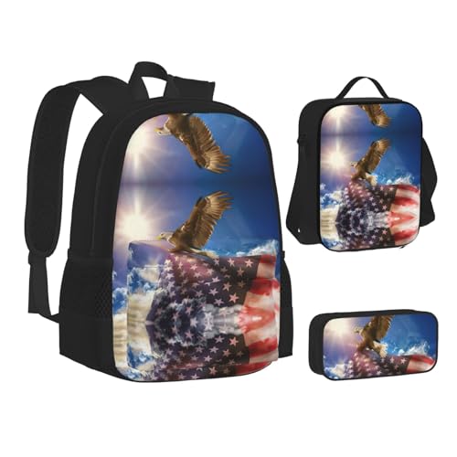 nanger American Usa Flag Eagle Art Print 3-Piece Set Backpack, Lunch Bag And Pencil Case, For Travel, College, And Daily Use2