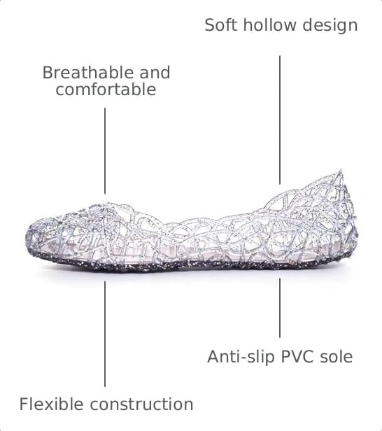 Image of Stunner Women Beach Jelly Shoes Slip On Crystal Summer Hollow Ballet Flats | Summer Cool PVC Breathable Outdoor Indoor Dressy Flat Sandals for Holiday Shopping Spa Swimming Pool