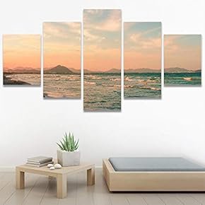 SIGNWIN 5 Panel Canvas Wall Art Beach Blue...
