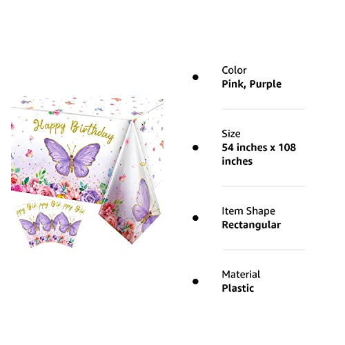 Butterfly Happy Birthday Tablecloth, Butterfly Party Decoration Rectangular Watercolor Butterfly Table Cover Spring Themed Plastic Tablecloth For Girl Party, 108 X 54 Inch(Pink, Purple,3 Pieces) #TOP6