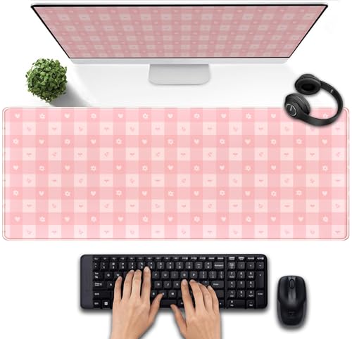 Pink Minimalist Gingham Floral Desk Mat Gaming Mouse Pad Large Cute Pastel Desk Pad Deskmat Kawaii, Women Office Desk Cover Mat, Laptop Computer Keyboard Mat Mousepad Desk Accessories 31.5