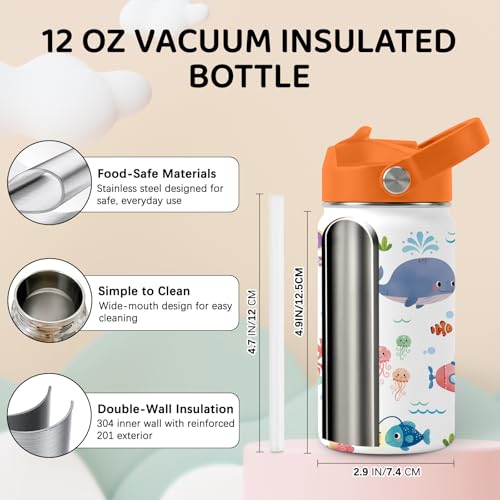 Image of Sea Animal Water Bottle for Daughter, Stainless Steel Insulated Tumbler with Straw Lid and Handle, 12oz Reusable Leak-Proof Bottle for Sports