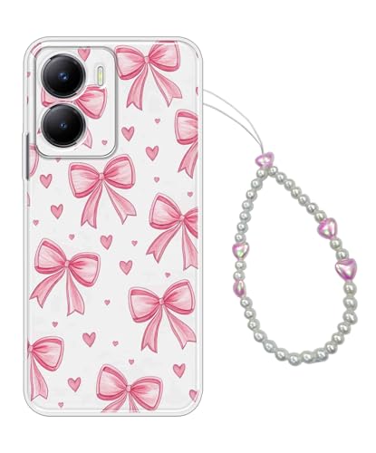 Image of COBERTA Printed Back Cover for Vivo Y56 5G Back Cover Case with Phone Charm Chain Strap Beads & Pearls for Girls Stylish - Pink Bows Trending Charms - D16915
