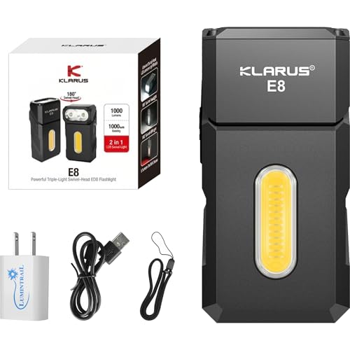 klarus E8 180° Swivel Head & Triple-Light Pocket Flashlight - 1000 Lumens, Rechargeable, IPX6 Waterproof, Magnet, Clip (EDC), Black, Bundle with USB Wall Plug