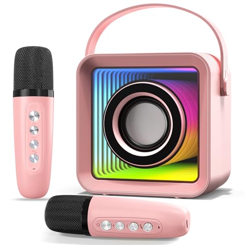 HUABAO Mini Karaoke Machine with 2 Wireless Microphones, Portable Bluetooth Singing Speaker with Lights for Kids & Adults, Child Karaoke Toys, Gift for Girls & Boys for Birthday, Home Party (Pink)
