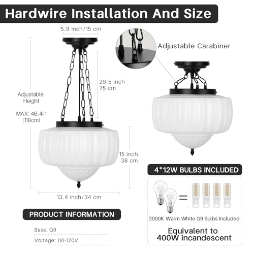 CLARSYNE 14" Vintage Milk Glass Pendant Light, Mid-Century Modern Schoolhouse Ceiling Chandelier, Vintage White Opal Flush Hanging Fixture for Kitchen Island, Dining Room, Bedroom, Living Room by CLARSYNE - Image 6