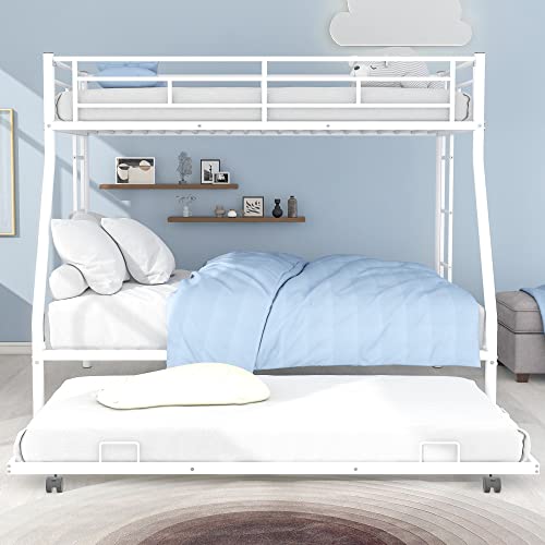 Merax Twin Over Full Bunk Bed With Trundle,Triple Bunk Beds, Sturdy Steel Bunk Beds Frame For 3 Kids/Teens With Two Side Ladders And Safety Guard Rail,White #TOP2