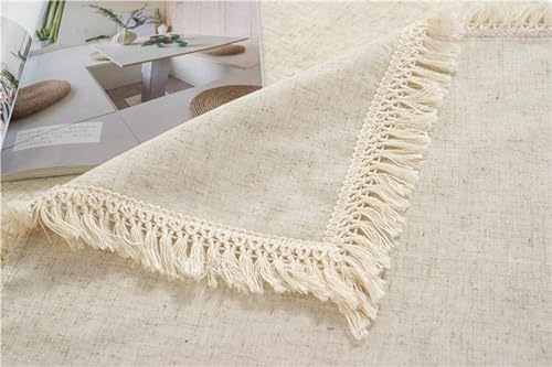 Nappe rectangulaire lavable anti-tache beige en polyester solide avec pompons pour table basse