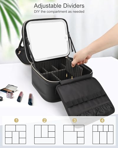 Relavel Makeup Bag with LED Mirror, Travel Makeup Case with Rechargeable Lighted Mirror 3 Color Lights, Dual Layer Cosmetic Box Makeup Brush Lipstick Holder Organizer for Women, Leather Black - Thumbnail 3