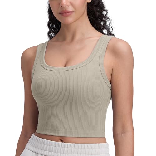 Image of CRZ YOGA Ribbed U Neck Crop Tank Tops | Medium Support, Removable Pads, Casual, Wide Straps, Longline Sports Bras for Women