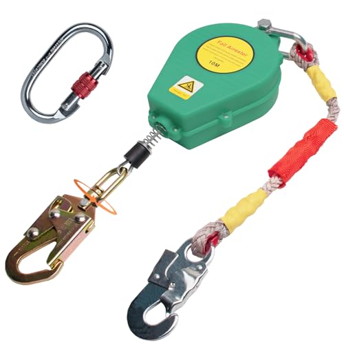 Aocay Dispositif Antichute a Rappel Automatique, Harnais de Securite Anti Chute Rétractable 10m, 150kg Protection Antichute Rétractable Jaune/Vert pour Travaux sur Toit et Aériens(Vert,10m)