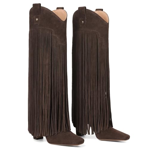 Mattiventon Knee High Boots for Women Fashion Fringe Boots with Square Toe Chunky Heel Pull On Suede Tall Boot for Party Dating