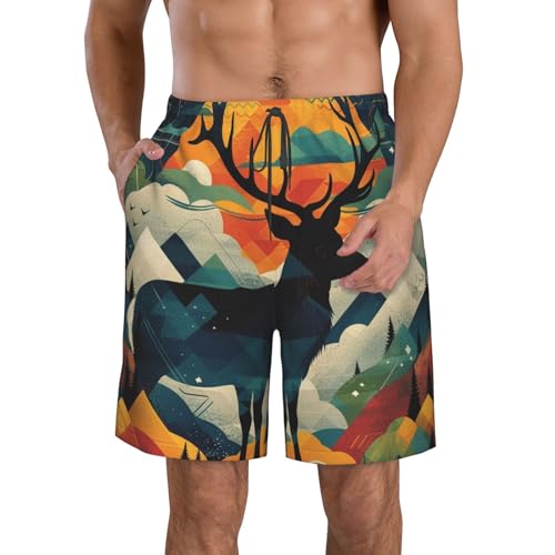 Men's Quick Dry Swim Shorts Deer Mountains Landscape Sunset Modern Art Geometric Beach Trunks with Pockets
