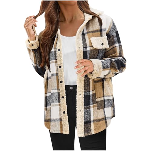 Women 2024 Hooded Flannel Jacket Warm Sherpa Shacket Fleece Lined Button Down Plaid Coat Trendy Fall Winter Outfits
