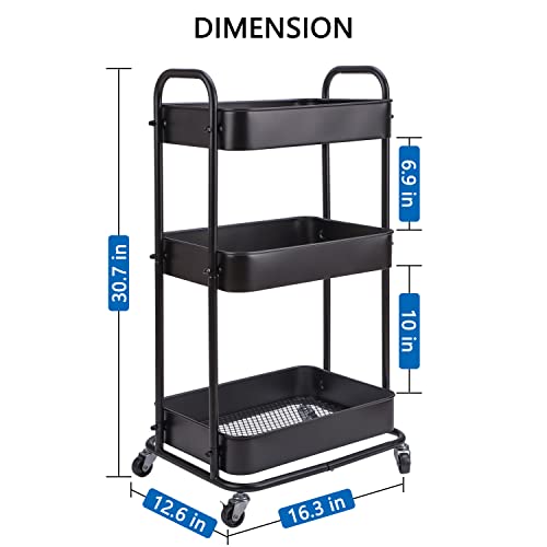 Yohkoh 3-Tier Metal Rolling Utility Cart, Storage Trolley Cart With Mesh Baskets And Lockable Wheels For Bathroom Kitchen Office (Dark Black) #TOP2