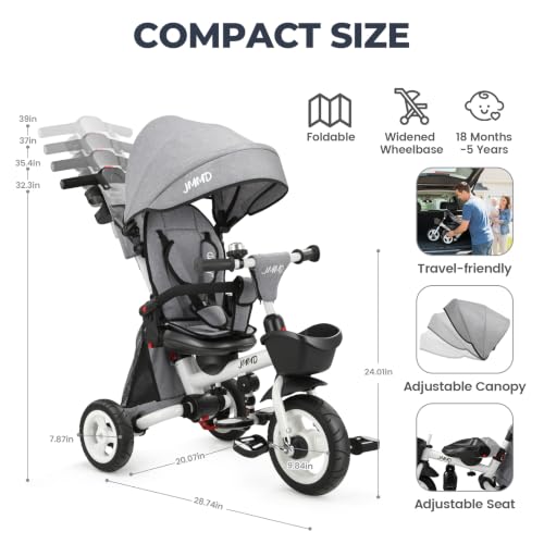 Image of JMMD 8-in-1 Foldable Toddler Tricycle for Ages 1-5, Portable Trike Stroller