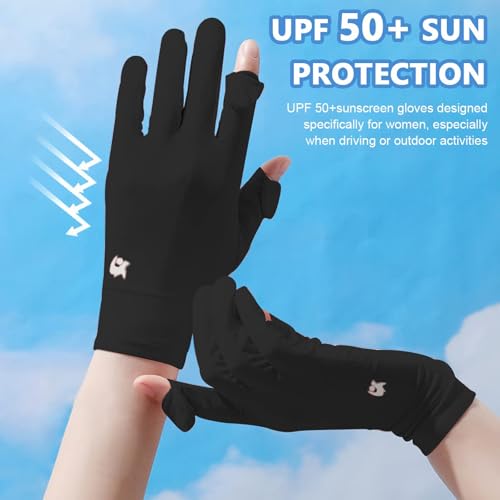 Image of Sun Protection Gloves for Women, Non-Slip Touch Screen Sun Gloves, Breathable Silk Cooling Gloves, Outdoor Full Finger Gloves for Cycling Driving Fishing, Breathable and Lightweight (Black)