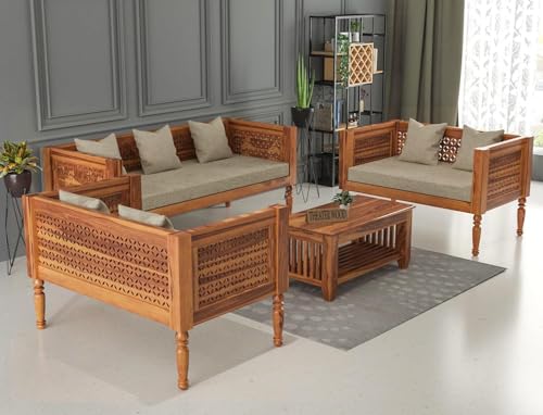 Image of Sheesham Wooden 7 Seater SofaSet for Living Room | Rosewood Cushion Sofa | Solid Wood Sofa Set for Lounge (Honey, 7 Seater)