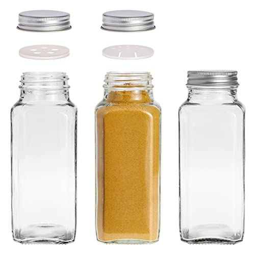 Talented Kitchen 8 Pack Large Glass Spice Bottles With 239 Preprinted Label Stickers, 8 Oz Empty Square Seasoning Jars With Shaker Lids & Silver Airtight Caps #TOP5