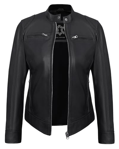 UrbanFocal Black Leather Jacket Women - Cafe Racer Style Womens
