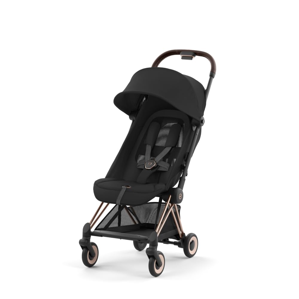 cybex coya compact stroller, lightweight one-hand fold, travel-friendly pram for newborns, infants, and toddlers, age 0-4 years, flat recline position, one pull harness, hand luggage compatible, stroller (sepia black rosegold frame)