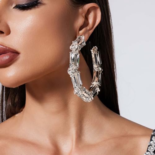 Silver Hoop Earrings for Women – Big Statement Rhinestone Hoops Sparkly Crystal Large Hoop Earring for Women Trendy Prom Wedding Jewelry Gifts2
