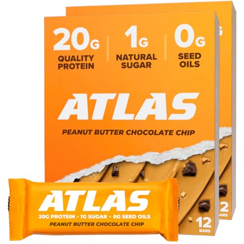 Image of Atlas Real Food Protein Bar - 20g Clean Protein, 1g Sugar, No Seed Oils, No Artificial Sweeteners (Peanut Butter Chocolate Chip, 24 Count)