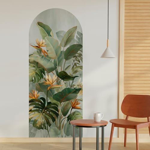 Image of PAPER PLANE DESIGN Tropical Arch Wall Mural - Peel & Stick Banana Leaf & Bird of Paradise Wallpaper - Waterproof Self Adhesive Canvas Texture for Bedroom, Living Room & Entryway, 6ft x 2.5ft (C)