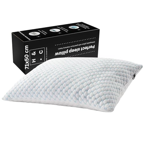 Hom&Com Almohada de Espuma Viscoelástica 71 × 50 cm – Almohada Cervical Ergonómica con Gel Refrescante – Suave, Transpirable y Cómoda para Dormir Boca Arriba, de Lado o Boca Abajo