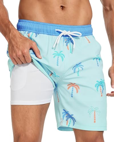 Image of Mens Swim Trunks with Compression Liner 2 in 1 Quick Dry Swimming Shorts Swimwear Bathing Suits with Pockets, B Mix Coconut Tree, M
