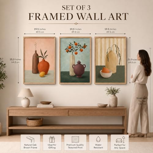 Image of Livin'luxe Set of 3 Still Life Vase Fruit Wall Paintings for Living Room Bedroom Hallway Decor with Premium Wooden Color Synthetic Frame (25.5 x 19.5 Inch) NM03-91