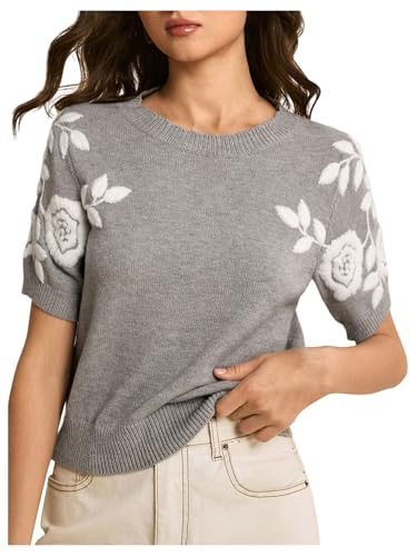 Verdusa Women's Floral Embroidery Dressy Sweaters Short Sleeve Knit Tops