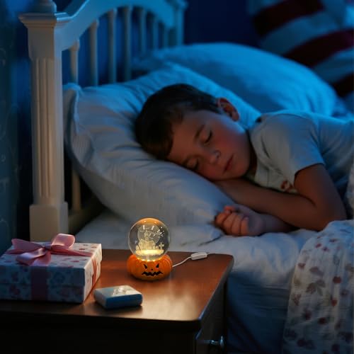 Image of L LOHAS LED 3D Crystal Ball Night Light-Laser Engraved Haunted House Bat | Pumpkin Base, Cute & Funny Halloween Night Light for Kids, 3000K Warm White for Halloween Party Decor