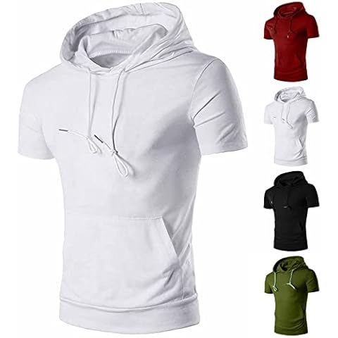 Mmoneyake Men's Short Sleeve Hoodies Lightweight Pullover Sweatshirts Gym Workout Athletic Shirt Solid Hoodies with Pockets White Cover