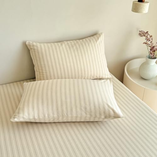 Image of PinkMemory Beige Striped Duvet Cover Set King 100% Washed Cotton Beige Striped Bedding Duvet Cover Set with Stripe Pillowcases-Ultra Soft Breathable Zipper Closure Corner Ties