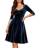 Cocktail Party Velvet Wedding Guest Dress A Line Prom Vintage Formal Christmas Diner Dresses for Women 3/4 Sleeve V-Navy XL