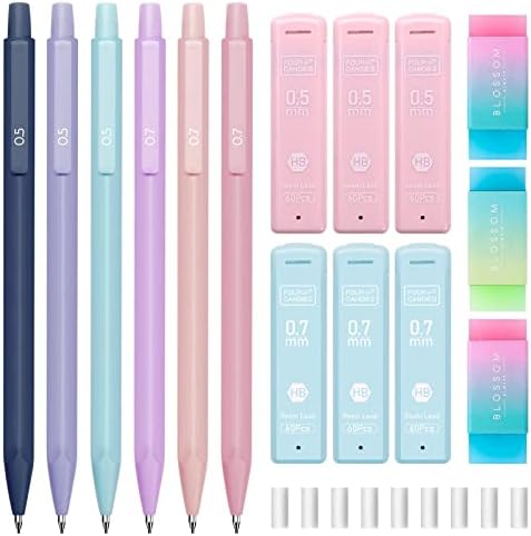Four Candies Cute Mechanical Pencil Set, 6PCS Pastel Pencils 0.5mm & 0.7mm with 360PCS HB Pencil Leads, 3PCS Erasers and 9PCS Eraser Refills, Aesthetic Mechanical Pencils for Girls Writing 5