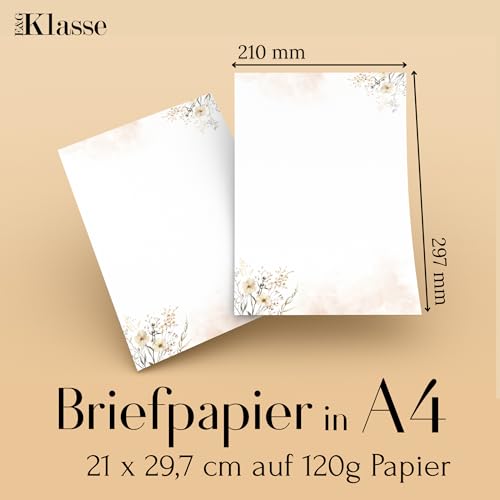 Briefpapier/Briefumschlag Set edel in Beige mit Wildblumen bedruckt 2 seitig A4 120 g/m² c6 80 g/m² von 10 bis 100 Blatt mit Umschlägen Kuvert vintage (20 Briefpapier MIT 10 Umschlägen)