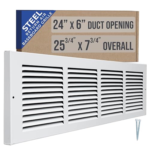 Fits 24x6 Duct Opening | Steel Baseboard Return Air Grille by Handua | Vent Cover Grill | 7/8' Margin Turnback [Depth] to Fit Baseboard | White | Outer Dimensions: 25.75'W X 7.75 'H