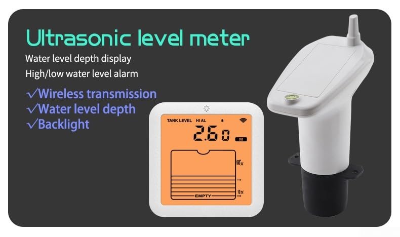 Monitor digital de nivel de agua con pantalla retroiluminada, rango de transmisión inalámbrica de 100 m, sistema de alarma alto/bajo para tanques, sensor impermeable IP65, lectura de