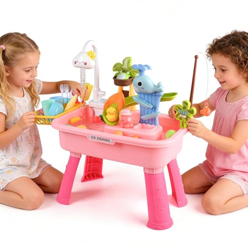 Mobelixy Upgraded Toddler Sand Water Table Toy with Electric Water Pump, Kids Sand Water with Faucet/Play Food Accessories/Fishing Toy, Kitchen Play Sink Toys for Girl Boy Age 3+ (Pink) — view 2