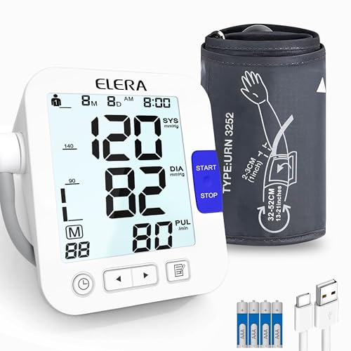 Large Screen Blood Pressure Monitor, ELERA Extra Large Cuff 32-52 cm Blood Pressure Machine for Home Use, Upper Arm BP Cuff Kit with Backlight LCD & HR Detection, Two User Mode