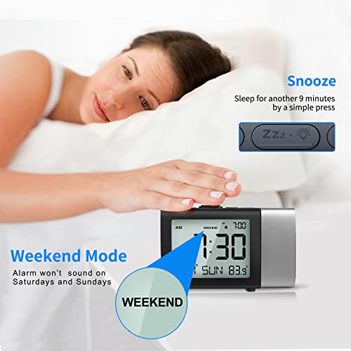 Image of Projection Alarm Clock for Bedroom: Digital LCD Clock with Temperature Date Snooze 12 /24H and Weekend Mode, Easy Set Dimmer Clock with 2-Levels Volume, Mains and Battery Operated